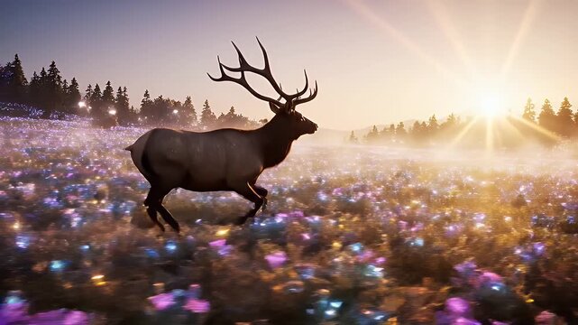 Majestic Elk Running Through a Flower Field at Sunset - This video features a large elk with impressive antlers running through a vibrant field of flowers.