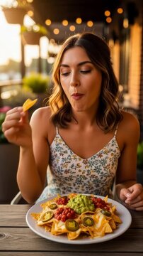 Woman enjoying vibrant outdoor nacho platter at sunset with delight and anticipation