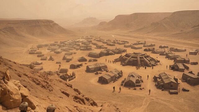 Armed peacekeepers overlooking desert settlement from rocky ridge. Strategic observation of remote outpost in arid valley