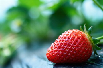 Fresh red strawberry with dew on a leafy background.