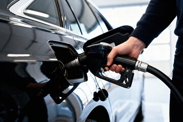 Hand refueling black car at gas station close-up.