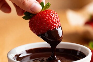 Fresh strawberry dipped in rich chocolate sauce close-up.