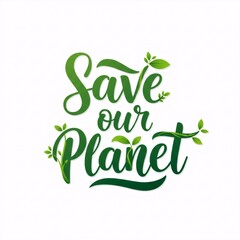 Fototapeta premium Save our planet hand lettering text design with green leaves. Ecology and environmental protection concept for Earth Day or conservation.