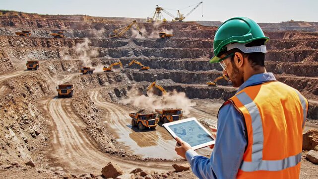 Mine Operations Supervisor with Tablet - A mine supervisor in a hardhat and safety vest holds a tablet displaying diagrams, overlooking an active open-pit mine site with haul trucks and excavators.
