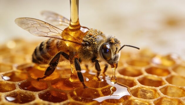 A close-up image of a bee collecting golden honey on a honeycomb structure with a drop of honey hanging from its mouth.