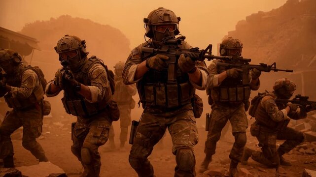 Armed squad moving through ruined city during intense sandstorm. Low angle tracking shot of soldiers in full tactical gear advancing with rifles.