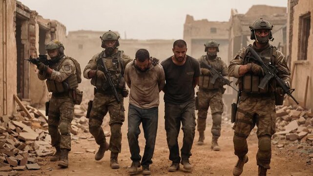 Armed squad escorting detained men through war-torn urban ruins. Tracking shot of military operation in dusty environment.