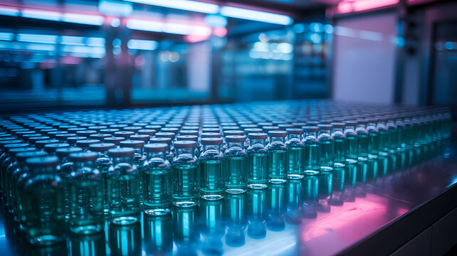 Rows of glass vials being manufactured on a conveyor belt in a modern pharmaceutical production facility with advanced machinery and sterile environment.