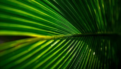 Obraz premium A close-up view of a vibrant green palm leaf with a unique texture and natural light