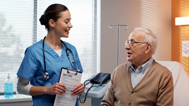 Nurse discusses next steps with elderly patient in medical office