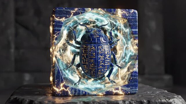 Enchanted Scarab Cube - A digital video shows a scarab beetle enclosed in a blue cube with hieroglyphics. Energy arcs around the cube, creating an otherworldly or magical ambiance.