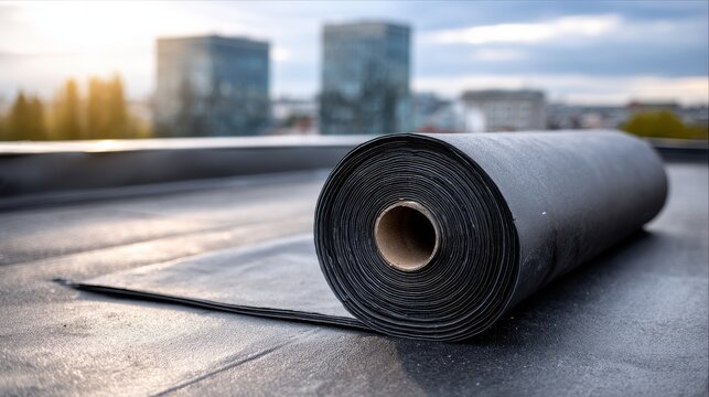 Roll of bituminous waterproofing membrane on a flat roof with city buildings in the background