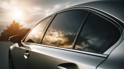 Obraz premium Close-up of a sleek silver luxury car with tinted windows reflecting a golden sunset sky at dusk