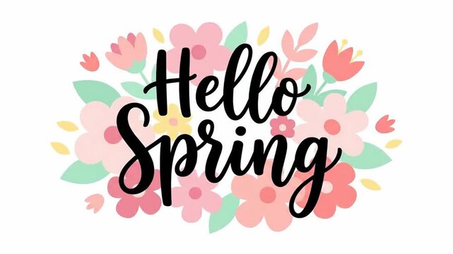 hello spring black calligraphy text surrounded by pink and peach flowers with green leaves. seasonal floral background illustration. greeting card design, social media post.