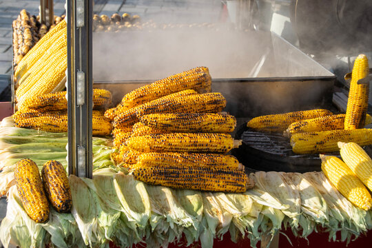 Grilled corn on display at a street food vendor