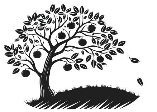 Silhouette of an apple tree with ripe apples and falling leaves on a grassy hill fruit
