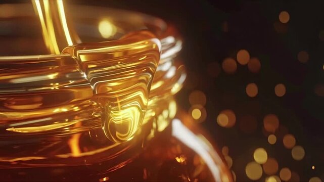 Golden Honey Pouring into Glass Jar Macro Shot.
