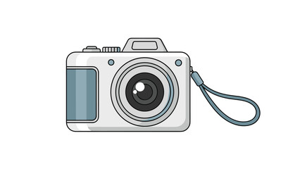 Digital compact camera with a lens and strap is shown in a clean vector illustration style against a white background.