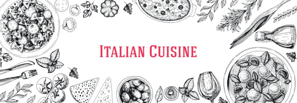 Italian cuisine top view. Italian food menu design. Engraving style illustration. Vintage hand drawn sketch vector illustration.