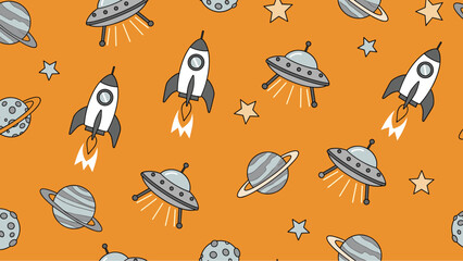 Obraz premium Seamless pattern featuring space rockets ufo crafts planets and stars on an orange background for a fun cosmic theme.