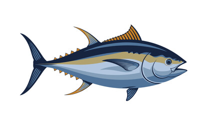 Obraz premium Detailed illustration of a large tuna fish with blue and gold fins is shown swimming in a side profile view against a white backdrop.
