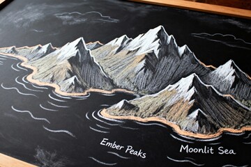 Chalk art of ember peaks and moonlit sea on blackboard.