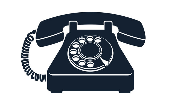 Rotary dial telephone silhouette in dark navy blue illustrates a classic vintage communication device in a bold graphic style.