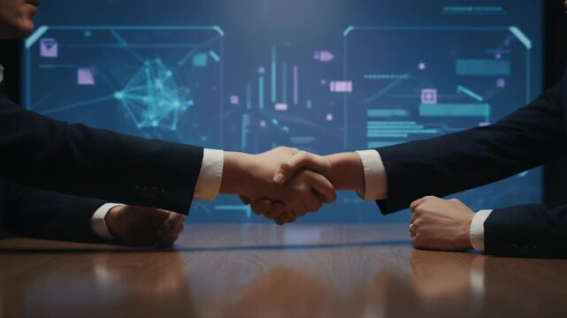 Business handshake meeting agreement between professionals conference table with hands discussing data visualization digital screen during roundtable