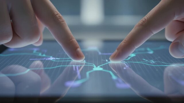 Fingers touching tablet touchscreen displaying financial data graph and analytics interface with two finger touch digital screen chart futuristic
