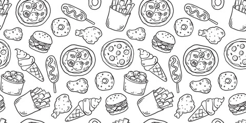 Obraz premium Fast food sketch seamless pattern . Whimsical food doodles, Hand drawn vector illustration for menu, packaging design. Food quirky icons, simple sketch style. 