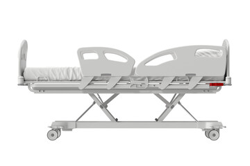 Modern hospital bed with adjustable features and wheels, isolated on white background side view