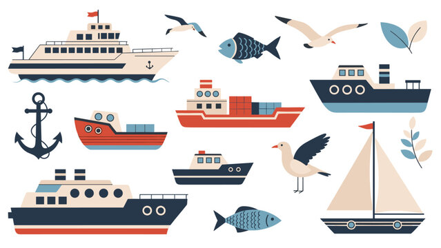 Maritime collection features various ships boats an anchor fish seagulls and leaves in a cohesive nautical illustration.