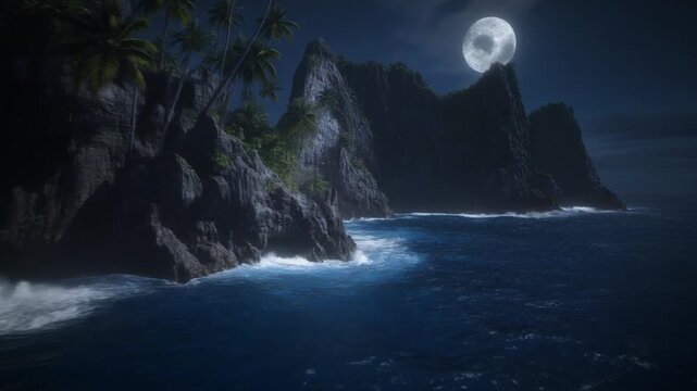 Aerial view of the moon casts silver highlights on rugged rock textures while palm shadows ripple