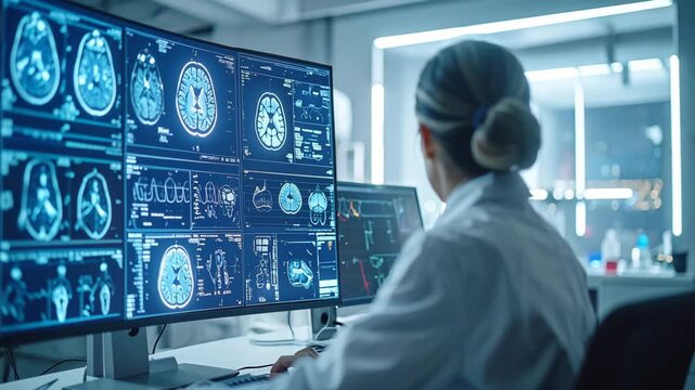 Analyzing the Brain: A scientist in a pristine laboratory meticulously studies brain scans displayed on a large monitor, using advanced technology to unlock secrets of the human mind. 