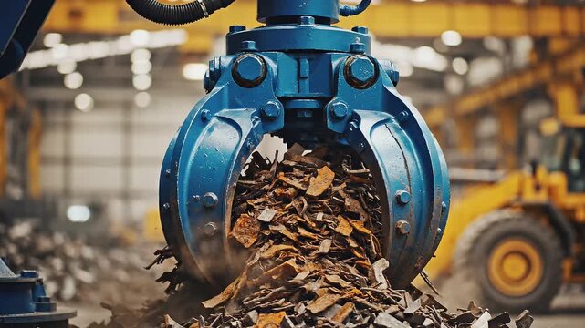 Heavy machinery recycling scrap metal with a large blue claw in an industrial setting with yellow equipment