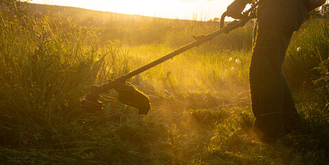Worker Cutting Grass with Brush Cutter at Sunset