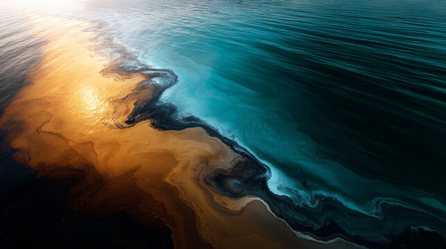 The ocean is polluted with chemical waste, causing the water to become toxic. Pollution by industrial chemicals, oil spill at sea, petroleum products, insurance