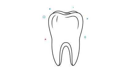Obraz premium Clean black line drawing of a human molar tooth surrounded by small colorful geometric shapes for dental and oral health care.