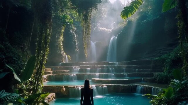 silhouette stands next to layered tropical cascading pools made of natural limestone terraces.