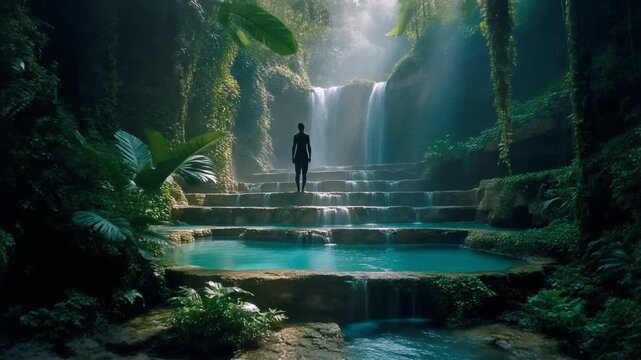silhouette stands next to layered tropical cascading pools made of natural limestone terraces.