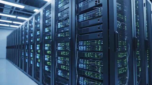 Servers working hard in a modern data center at night with glowing lights across the racks