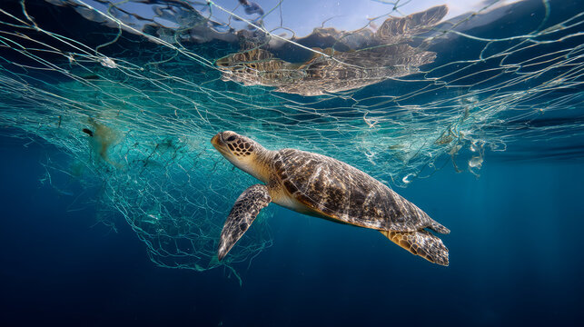 Plastic pollution in the ocean is an environmental problem. Sea Turtle trapped on a loose fishing net A global problem, threatening ocean wildlife