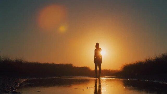 A lone silhouette stands at the curve of a peaceful riverbend during sunset.