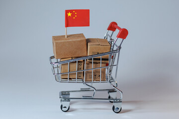 Shopping cart with packages and China flag indicating online shopping from China