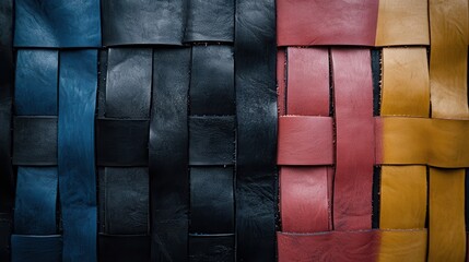 Fototapeta premium Close up of interlocking woven strips of black and red leather creating a textured pattern