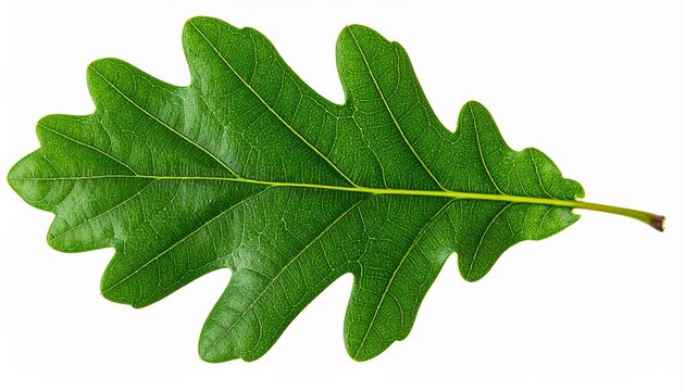 A single green oak leaf with rounded lobes and central vein rests isolated, symbolizing nature, resilience, and renewal in a clean botanical style.