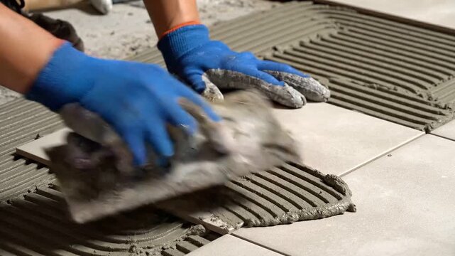Person laying tiles with blue gloves on a floor with gray grout