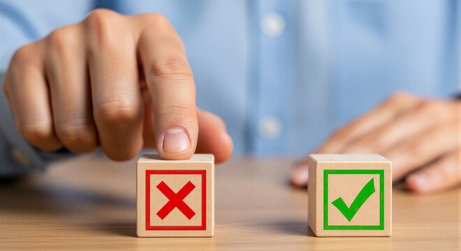 A man's hand presses on a wooden cube with a red cross, next to a cube with a green checkmark on a wooden surface with a blurred background. This illustrates the concept of decision-making, rejection,