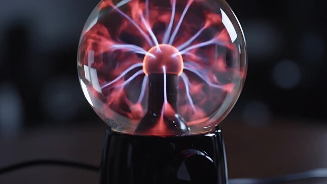 Plasma Ball Close-Up - A close-up shot of a plasma ball, with red and white filaments extending from the center to the glass surface.