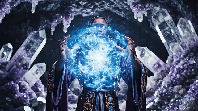 Woman Casting Magic Spell - A woman with glowing eyes is surrounded by blue energy, with her hands outstretched as if casting a spell.